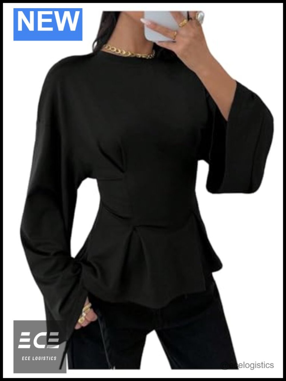 Women's Bell Sleeve Cinched Waist Dressy T Shirt Pleated Crewneck Work Top